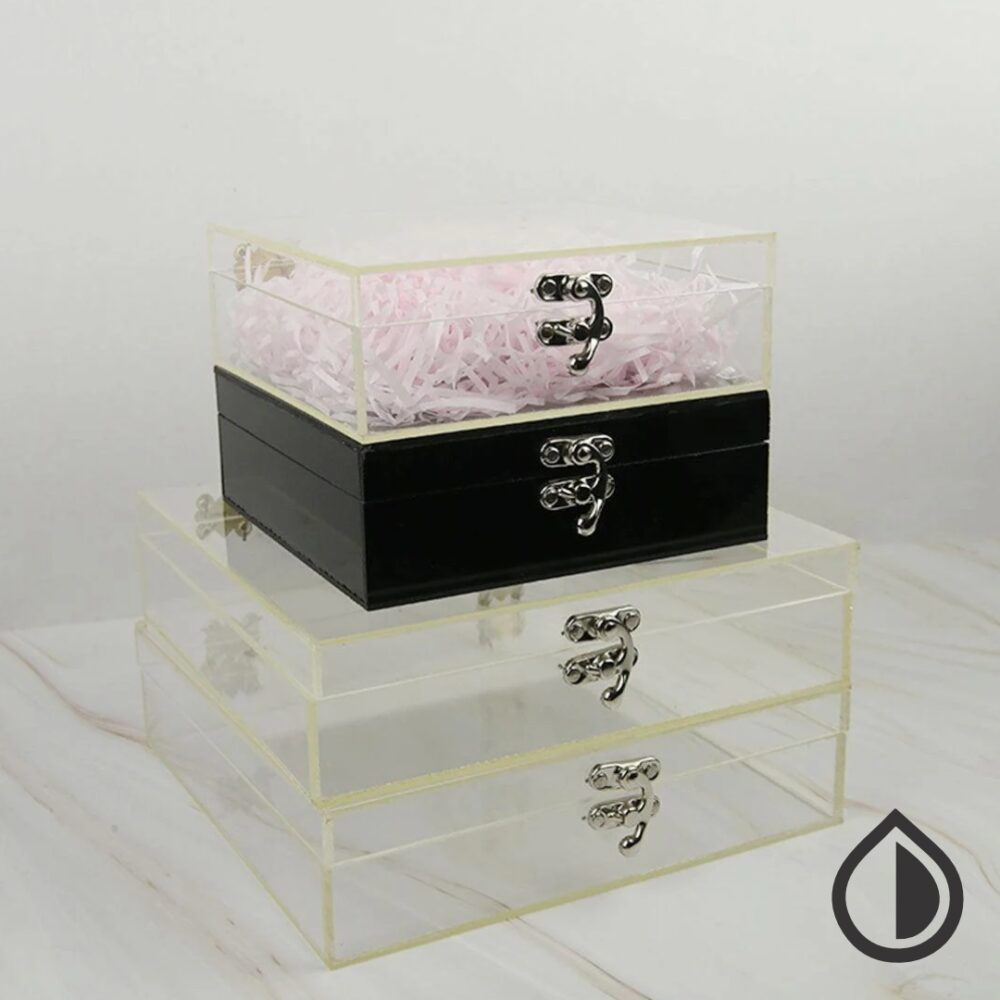 Custom acrylic box with premium clear finish, ideal for packaging, display, and storage. Available in various sizes with personalization options.