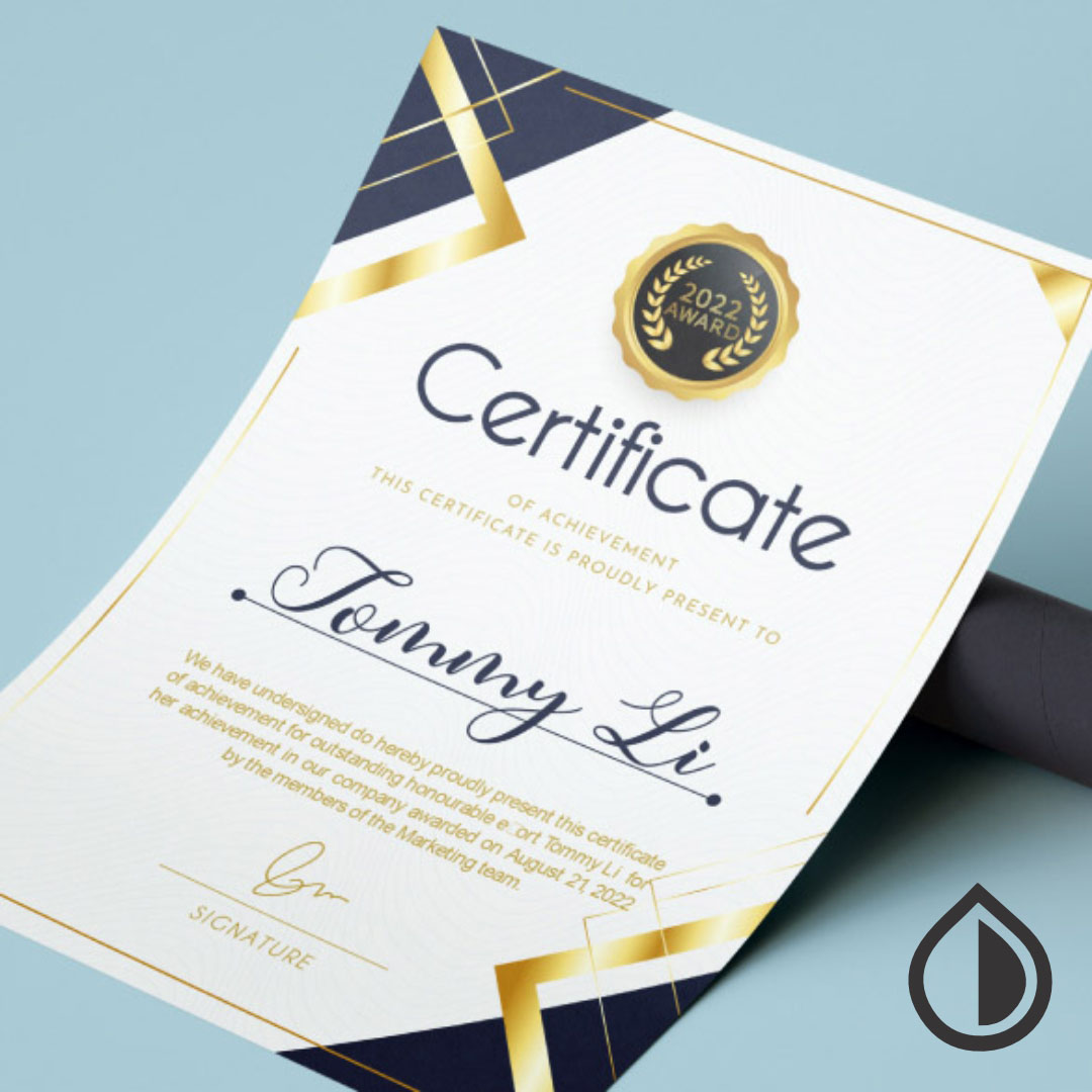 High-quality certificate printing with custom design, embossing, foil stamping, and official stamps in Dubai – MyDubai Graphics.